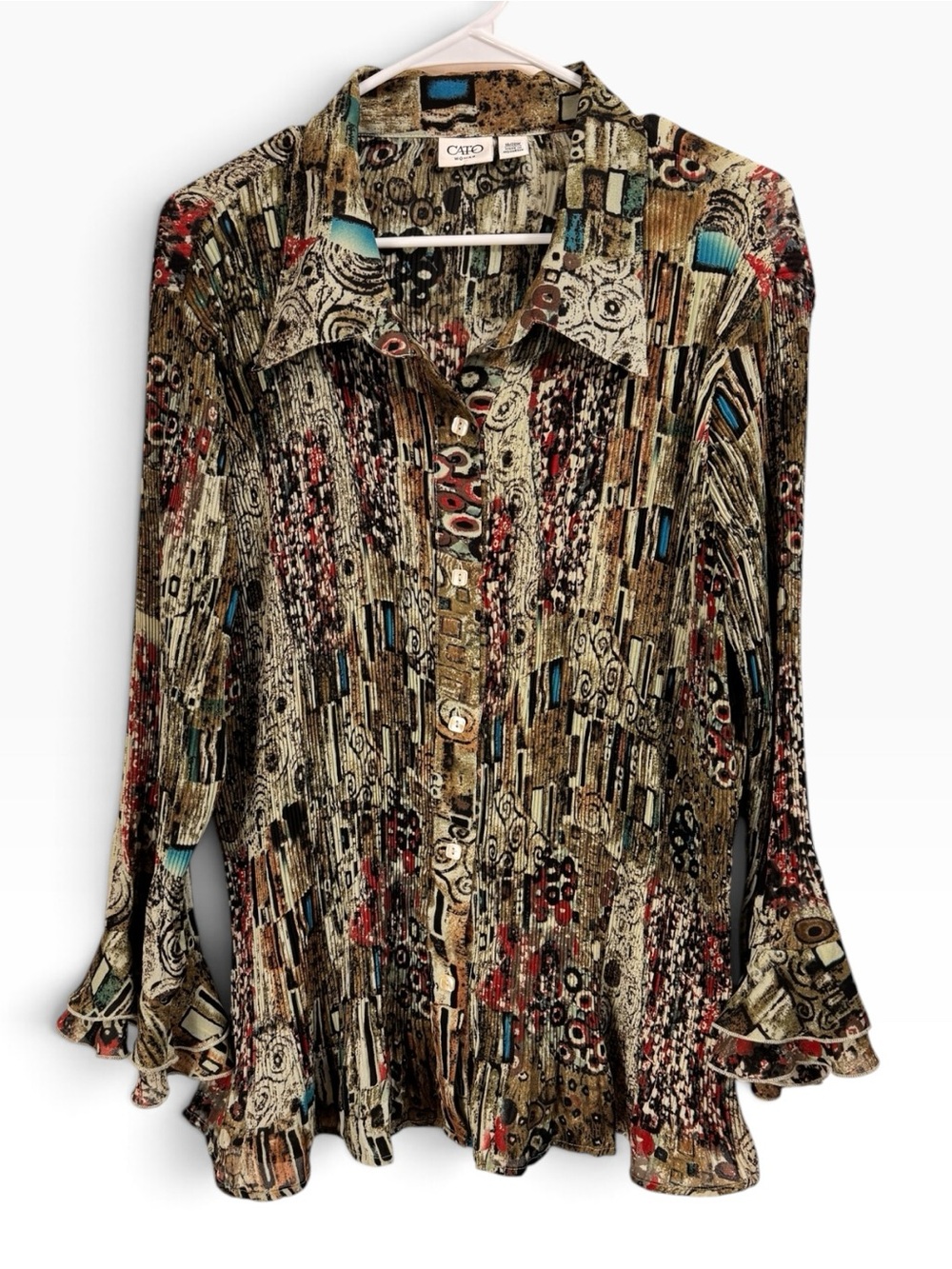 Vintage Cato Pleasted Blouse 18w/20w Art Nouveau Ruffle Bell Cuff Boho Chic Top